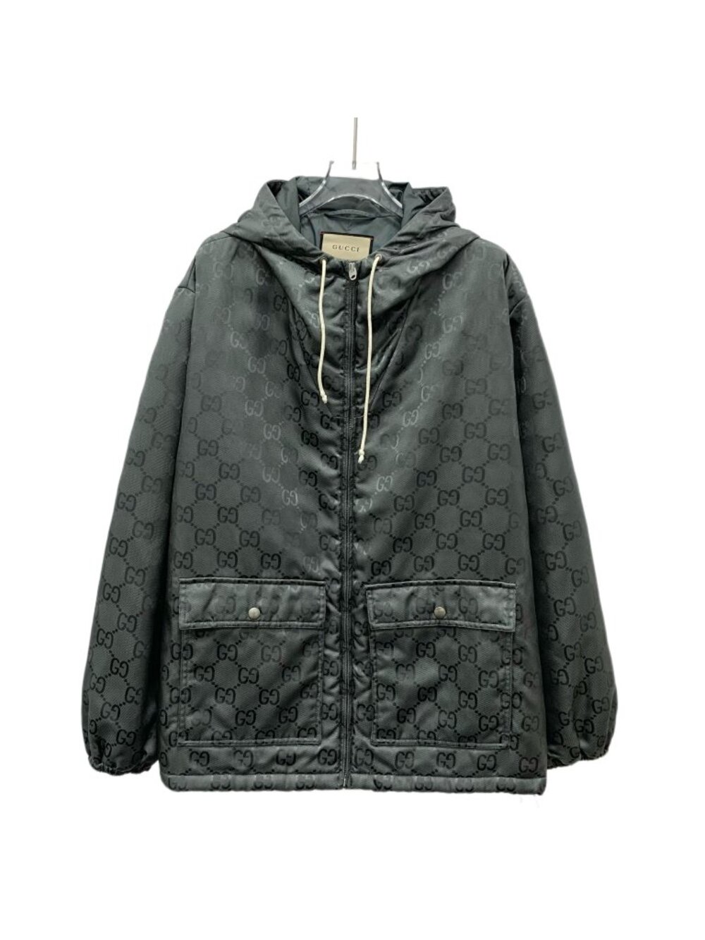 Gucci Off The Grid Dark Grey All-Over Tonal Logo Hooded Drawstring Zip Jacket